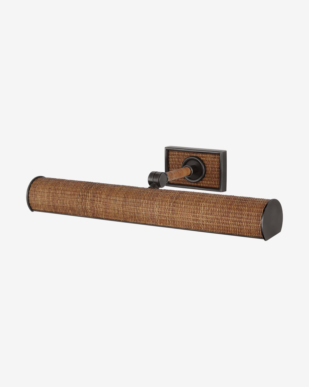 The Halwell Picture Light features a woven rattan-style cylindrical shade and dark metal accents, ideal for illuminating artwork, by McGee & Co. It is wall-mounted and shown against a plain white background.