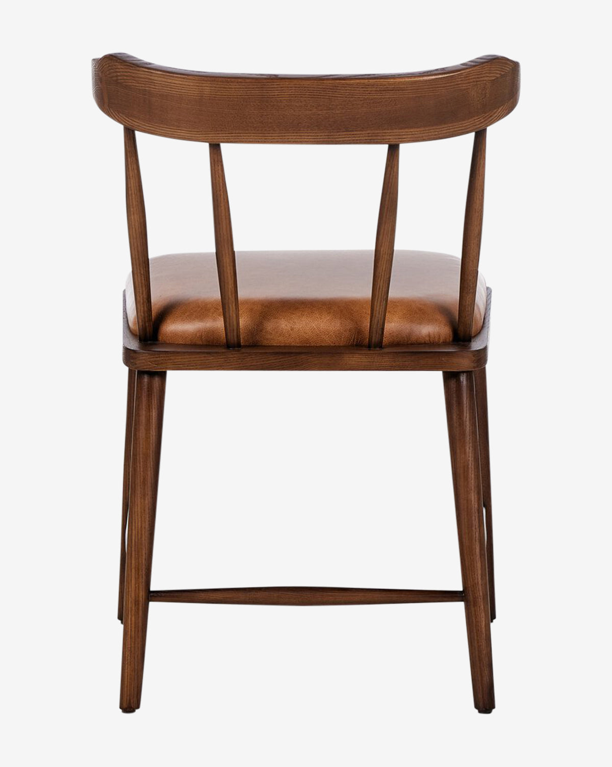 The Harper Dining Chair has a solid ash frame, curved backrest, three vertical slats, and a brown upholstered seat, shown from the back on a white background by McGee & Co.