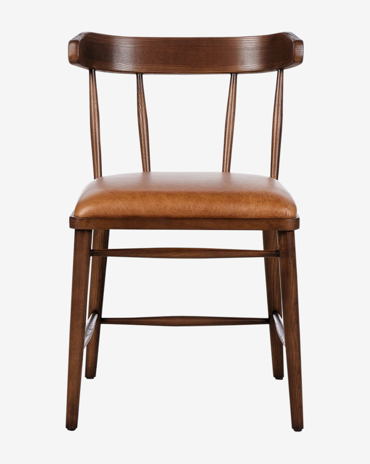 The Harper Dining Chair has a solid ash frame, curved backrest with vertical slats, and a brown leather upholstered seat, displayed on a white background by McGee & Co.