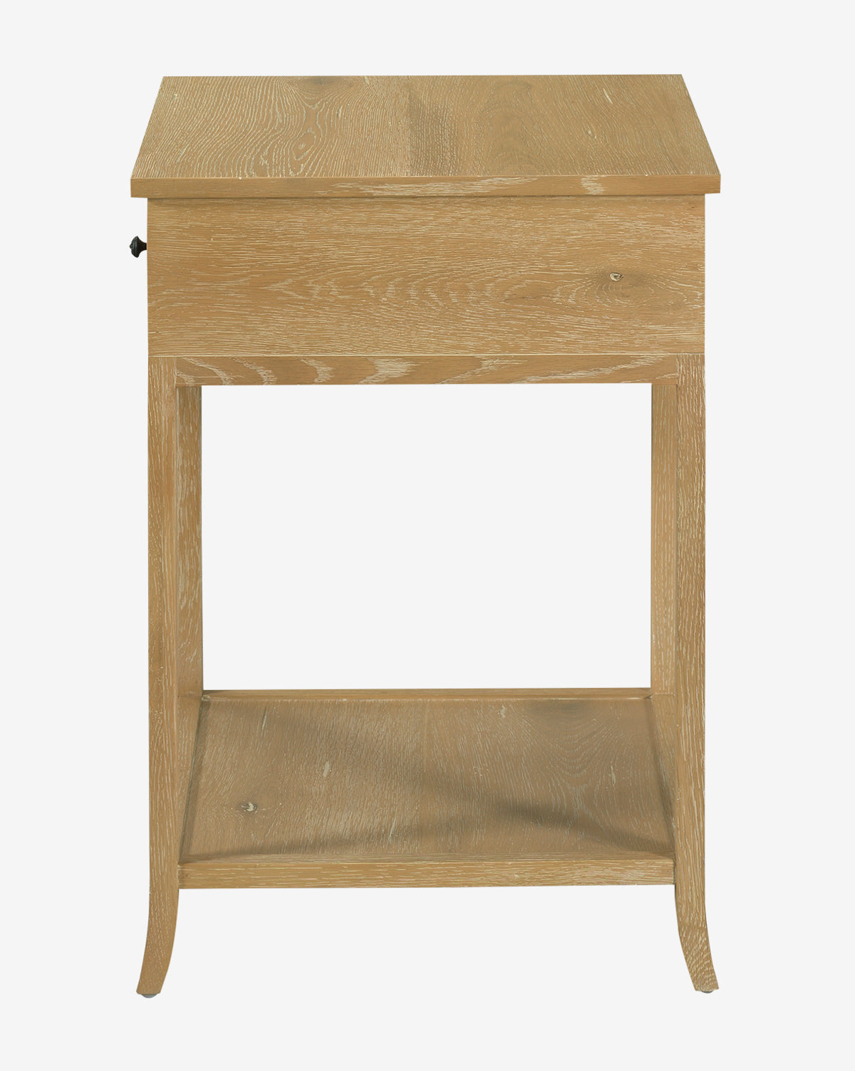 The Harrisburg Side Table is a light wood piece featuring a single drawer, an open lower shelf, and subtly curved legs, shown from the front against a white background by McGee & Co.