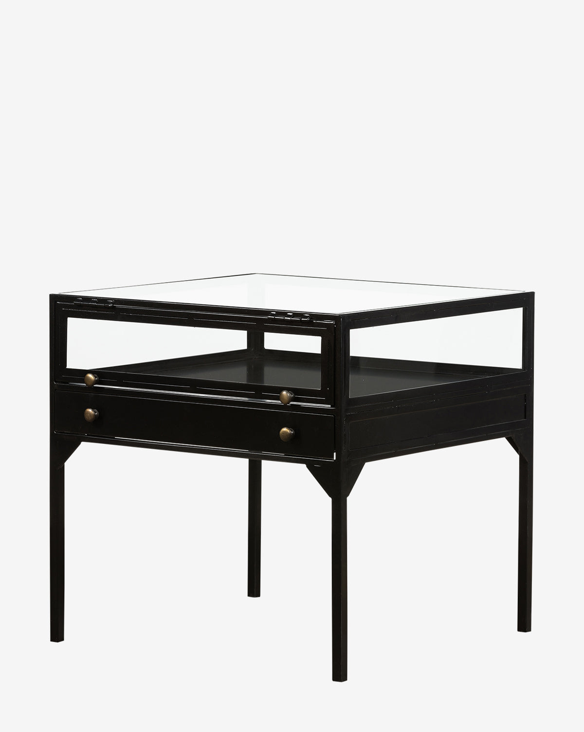 The Harry Nightstand features a black glass enclosure with glass sides and top, two small drawers with round brass knobs, and stands on four straight legs.