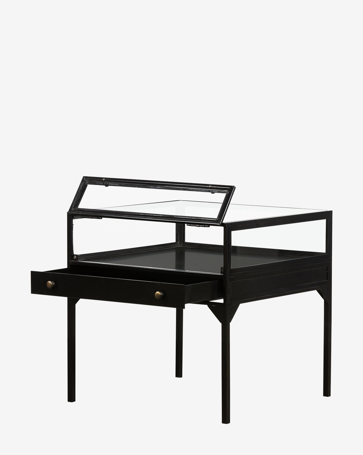 The Harry Nightstand is a black metal and glass shadowbox table with four legs, a pull-out drawer, and a hinged glass top that opens upward for easy access to the display area.
