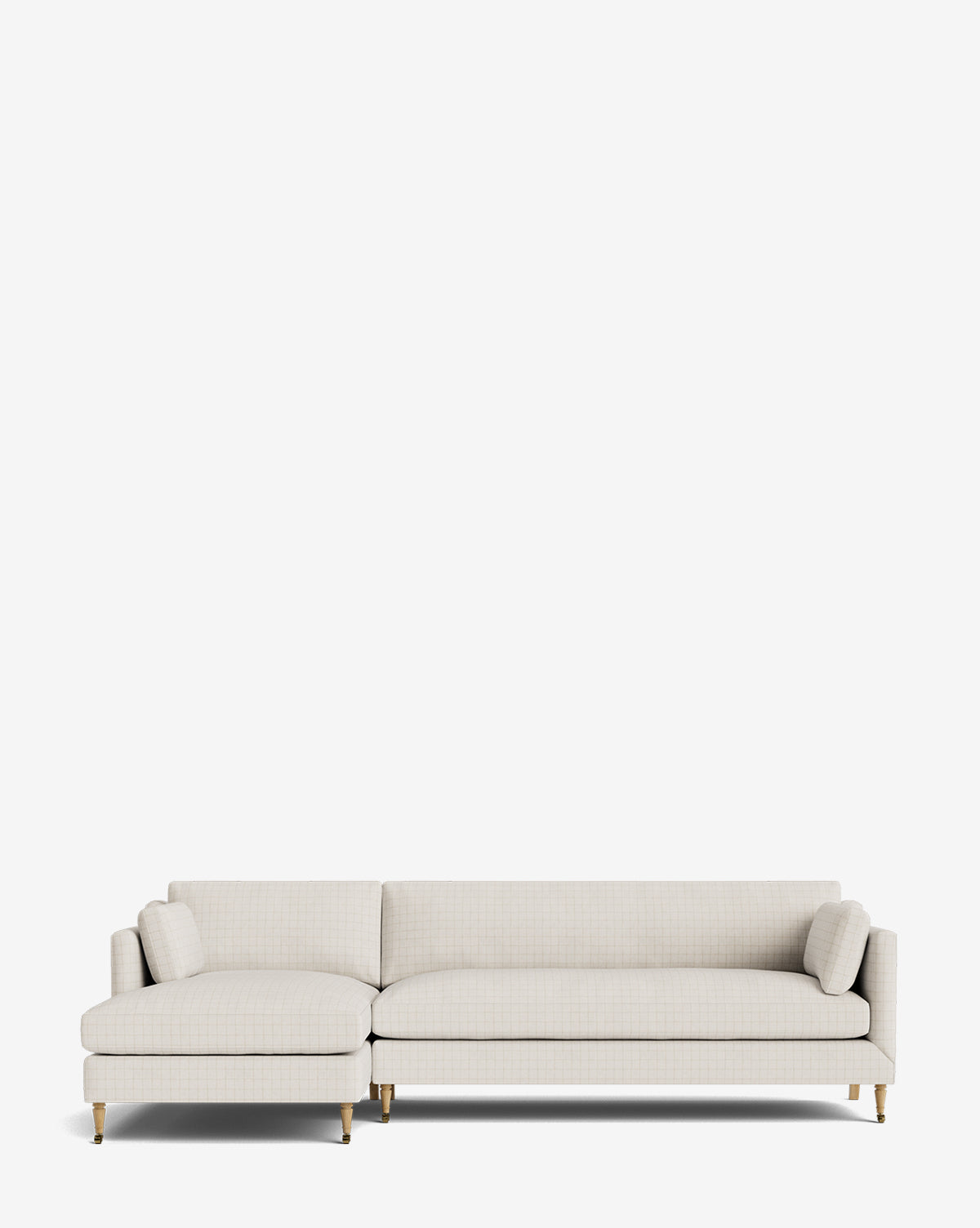 The Haverford Upholstered Left Chaise Sectional features a modern light beige design with a left-side chaise, two cylindrical cushions, sleek lines, and gold metallic legs, shown against a plain white background by McGee & Co.