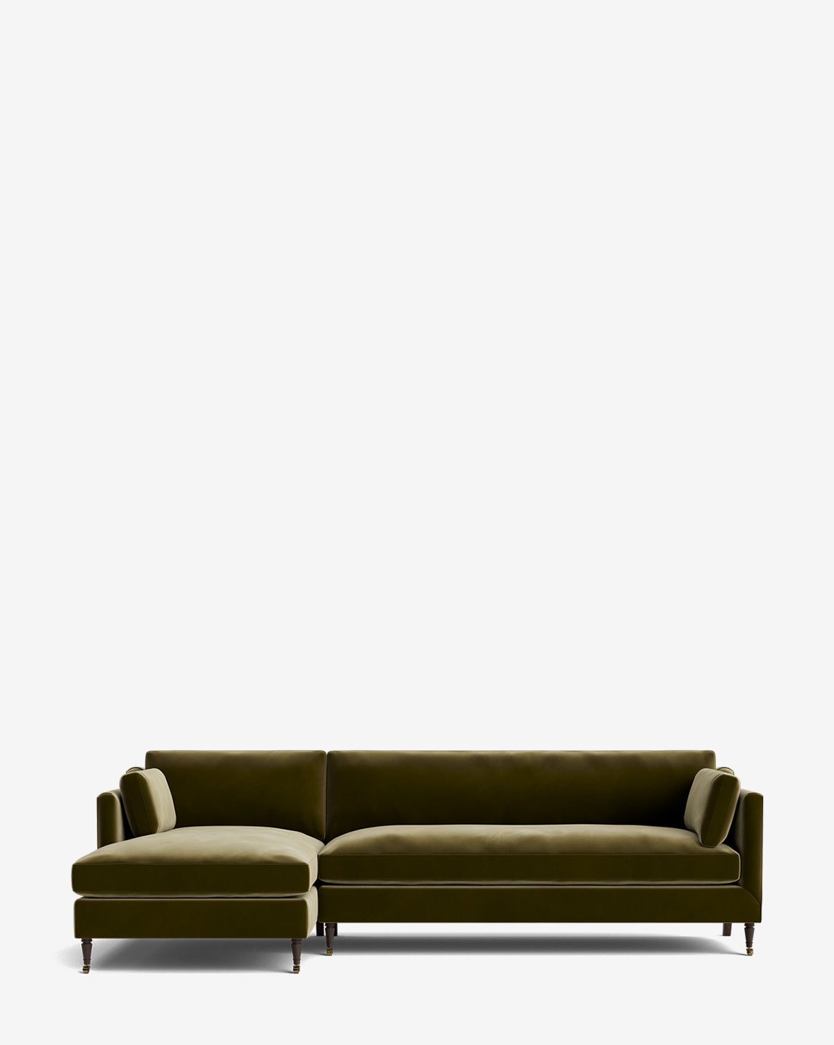 The Haverford Upholstered Left Chaise Sectional features olive green velvet, wooden legs, a custom L-shaped design, and clean modern lines, shown on a plain white background by McGee & Co.