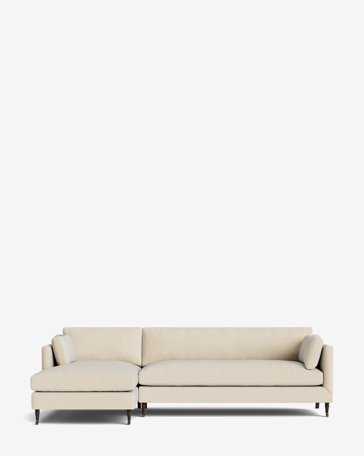 The Haverford Upholstered Left Chaise Sectional by Rowe Fine Furniture features light beige fabric, a left chaise lounge, low-profile backrest, two seat cushions, and two cylindrical pillows, shown on a plain white background. McGee & Co.