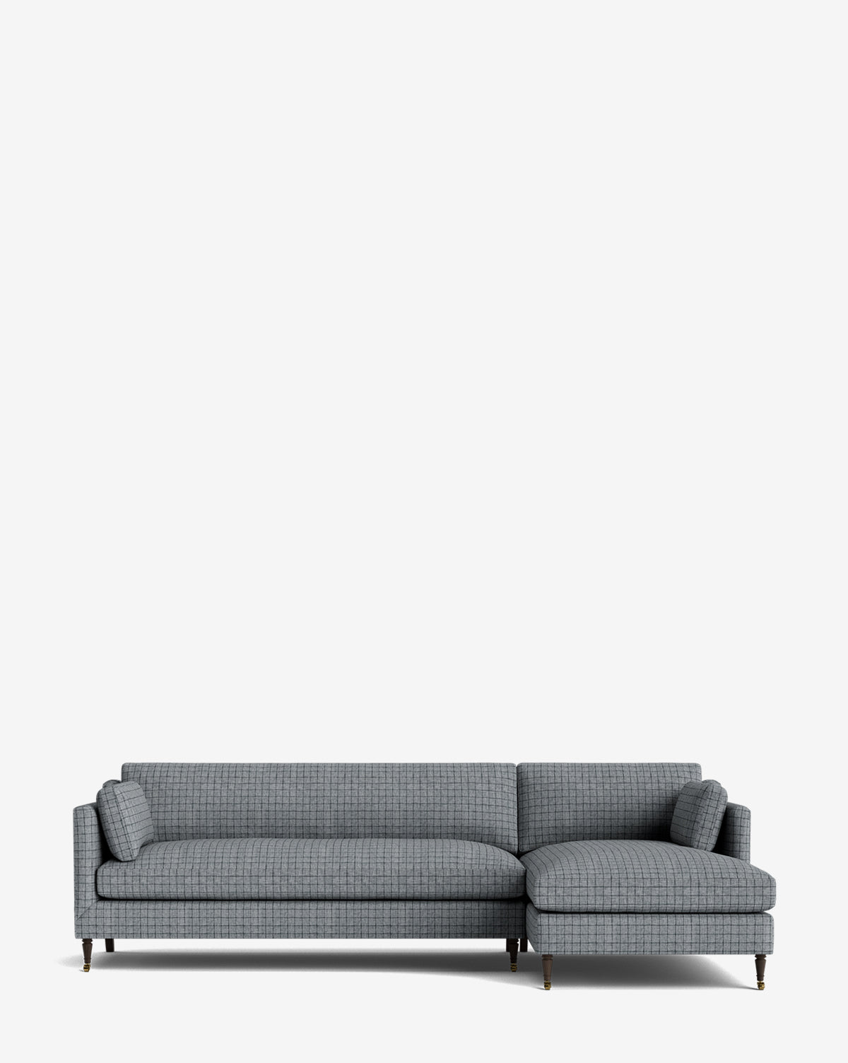 The Haverford Upholstered Right Chaise Sectional 113 features modern gray, subtly checkered upholstery and slim dark legs with brass accents, adding customizable style to any space, by McGee & Co. Shown against a plain white background.