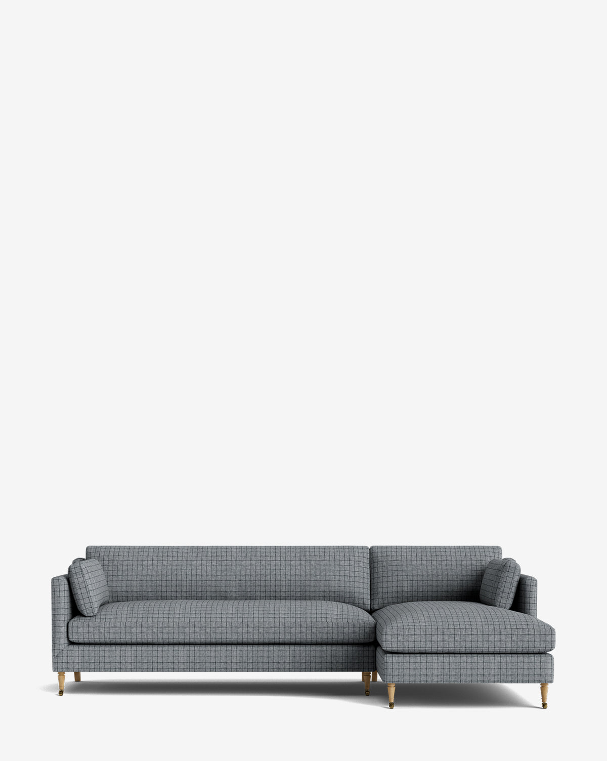 The Haverford Upholstered Right Chaise Sectional 113 comes in gray checkered fabric with two matching cylindrical cushions and slim wooden legs, offering a customizable option, shown here on a plain white background by McGee & Co.