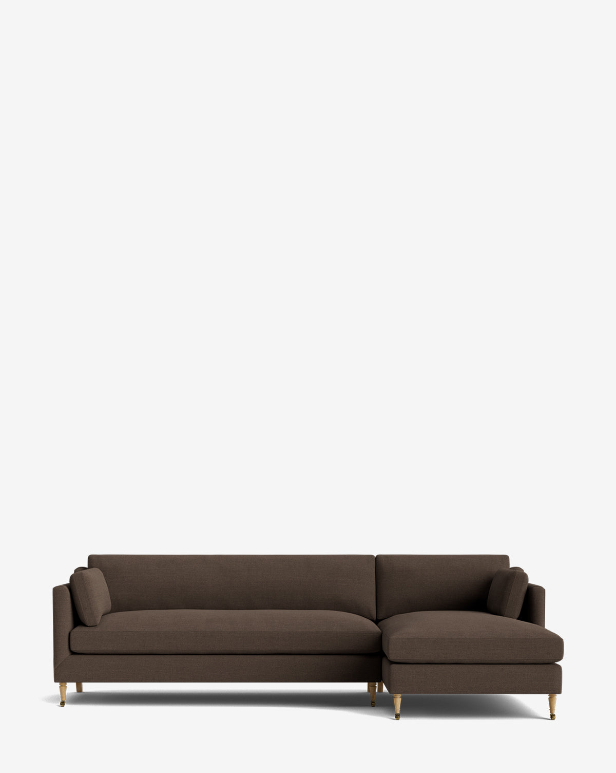 The Haverford Upholstered Right Chaise Sectional TEST deep [hidden] by Rowe Fine Furniture features a dark brown right-side chaise, slim armrests, and short wooden legs, shown against a plain white background. McGee & Co.