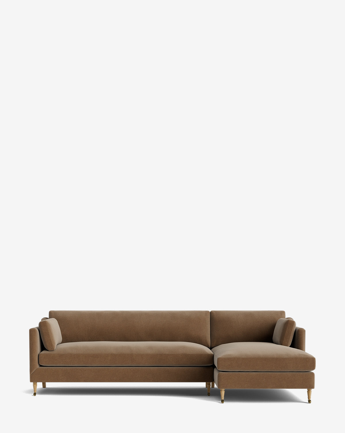 The Haverford Upholstered Right Chaise Sectional 113 features a right-facing chaise, low backrests, matching cylindrical pillows, and slim gold legs, shown here against a plain white background by McGee & Co.
