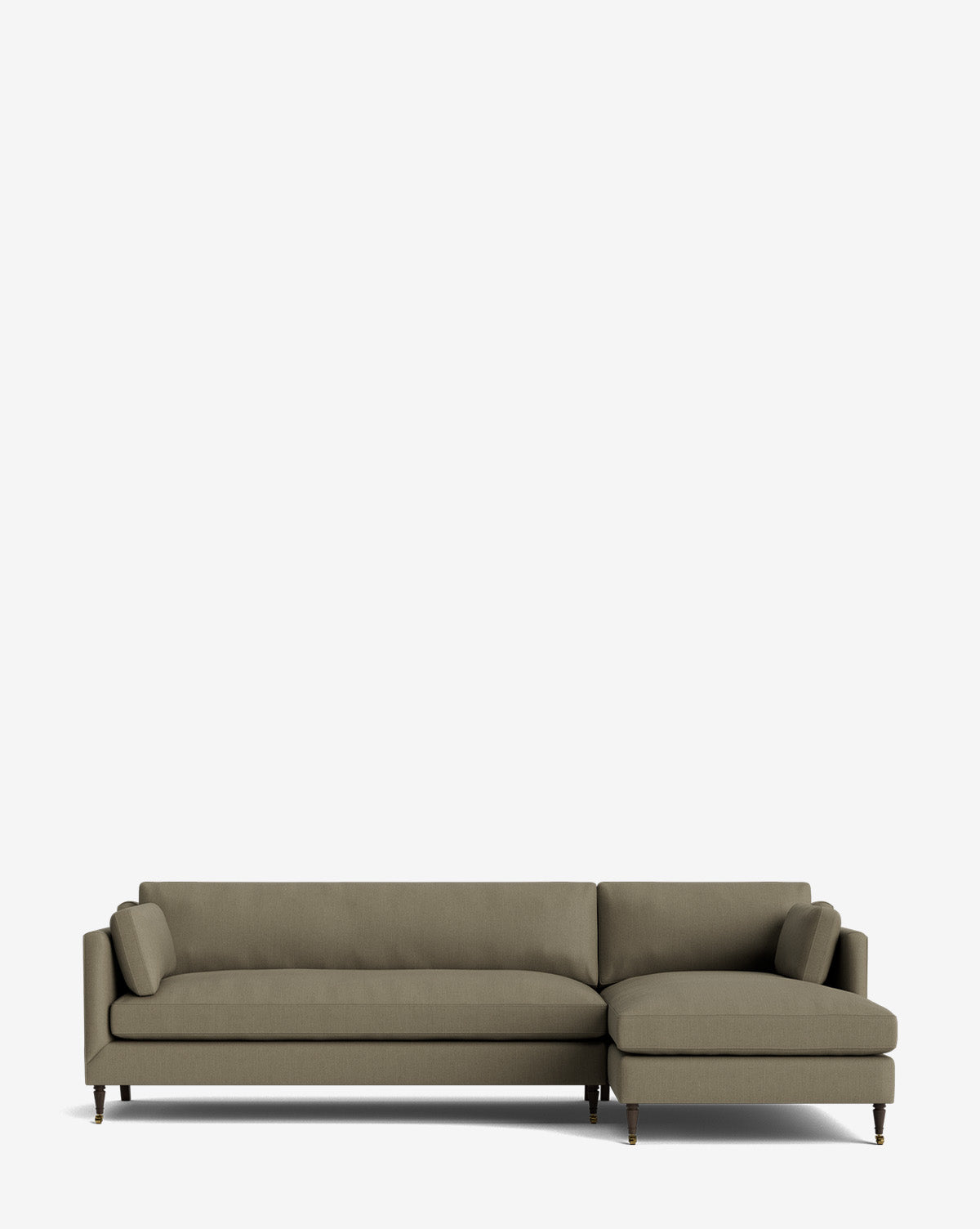 The Haverford Upholstered Right Chaise Sectional 113 features customizable olive green fabric, clean lines, wooden legs, and a right-facing chaise lounge, shown against a plain white background by McGee & Co.