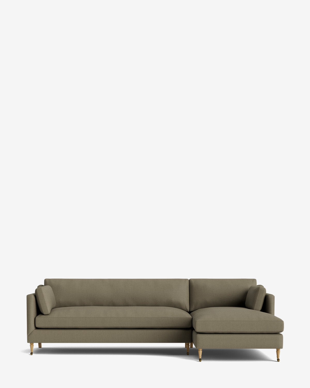 A modern, L-shaped Haverford Upholstered Right Chaise Sectional 113 in olive green with wooden legs and two matching cushions, set against a plain white background—perfect for contemporary spaces, by McGee & Co.