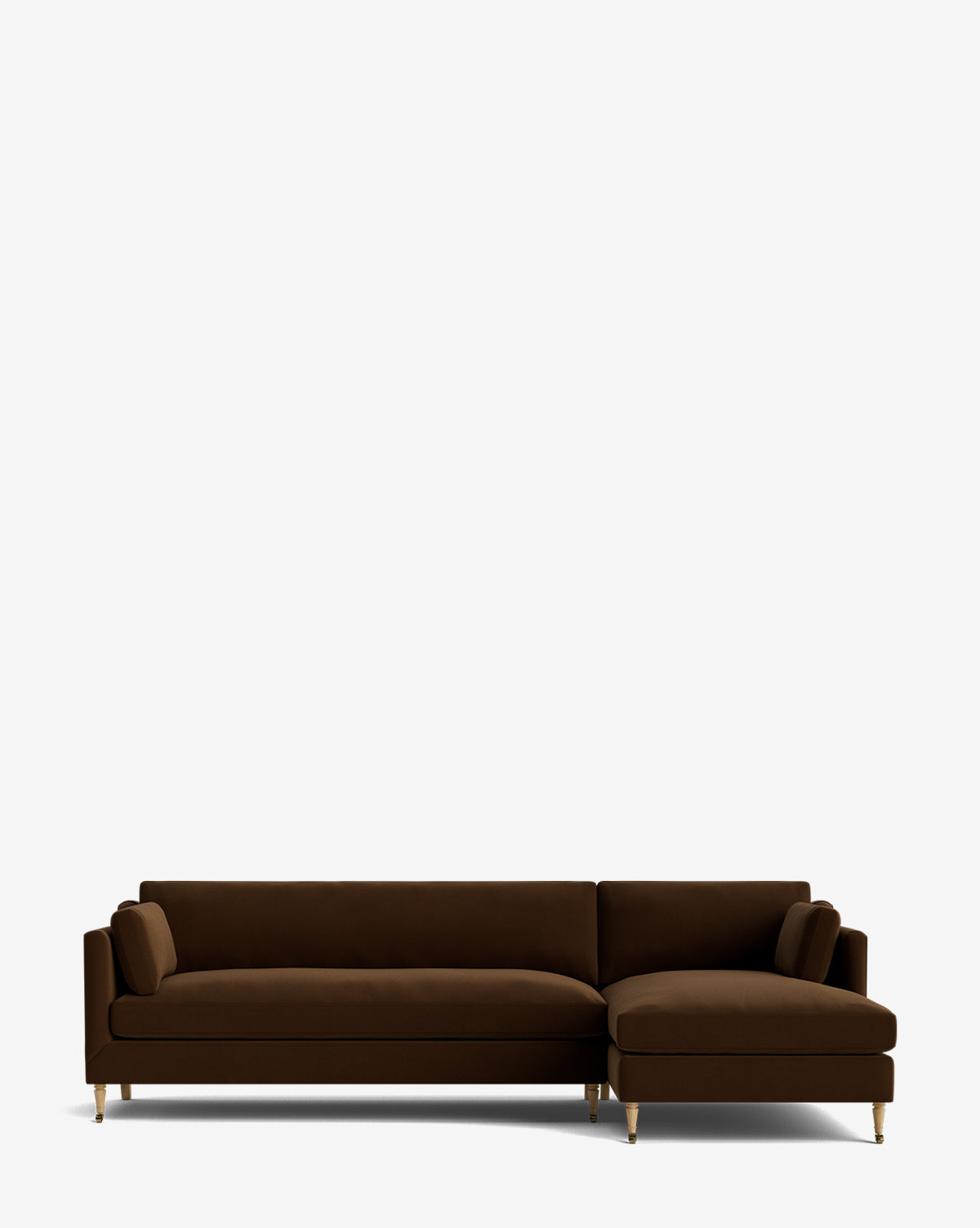 The Haverford Upholstered Right Chaise Sectional 113 is a modern brown sectional with clean lines, slender gold legs, and a right-side chaise lounge, displayed against a plain white background by McGee & Co.