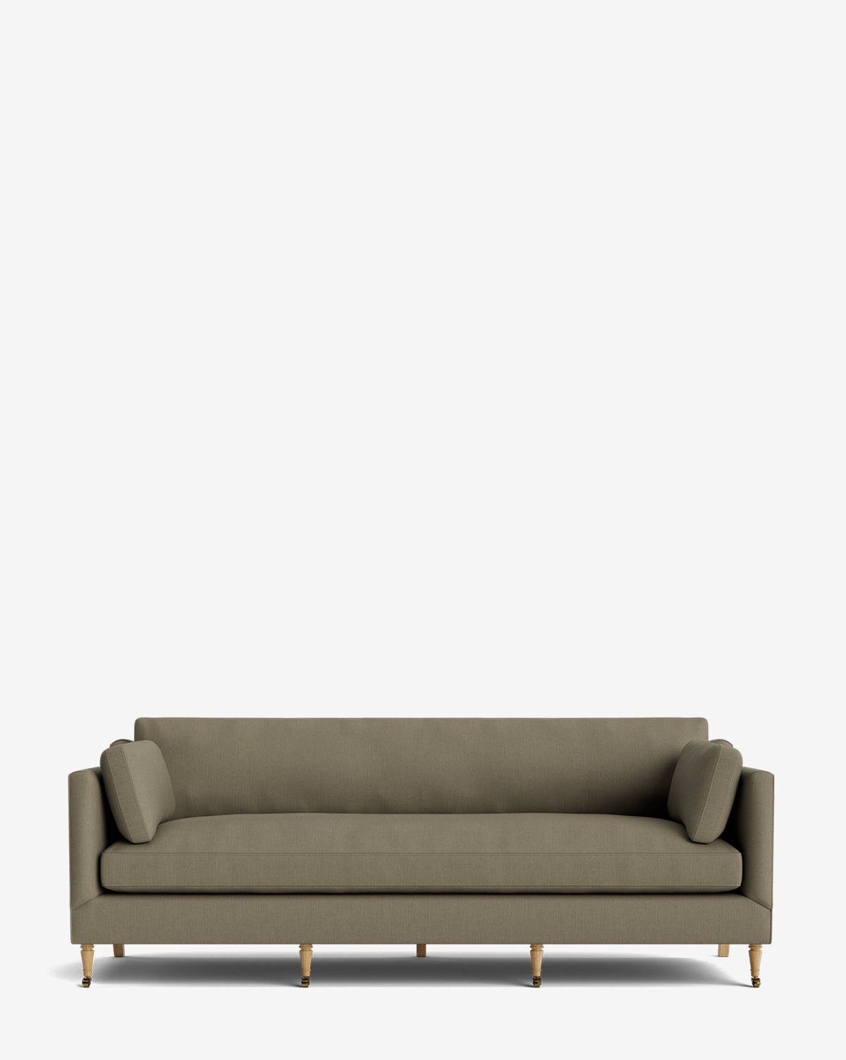 A modern olive green Haverford Upholstered Sofa 90 with two cylindrical side cushions and light wooden legs, set against a plain white background. This customizable sofa combines timeless design and contemporary comfort, by McGee & Co.