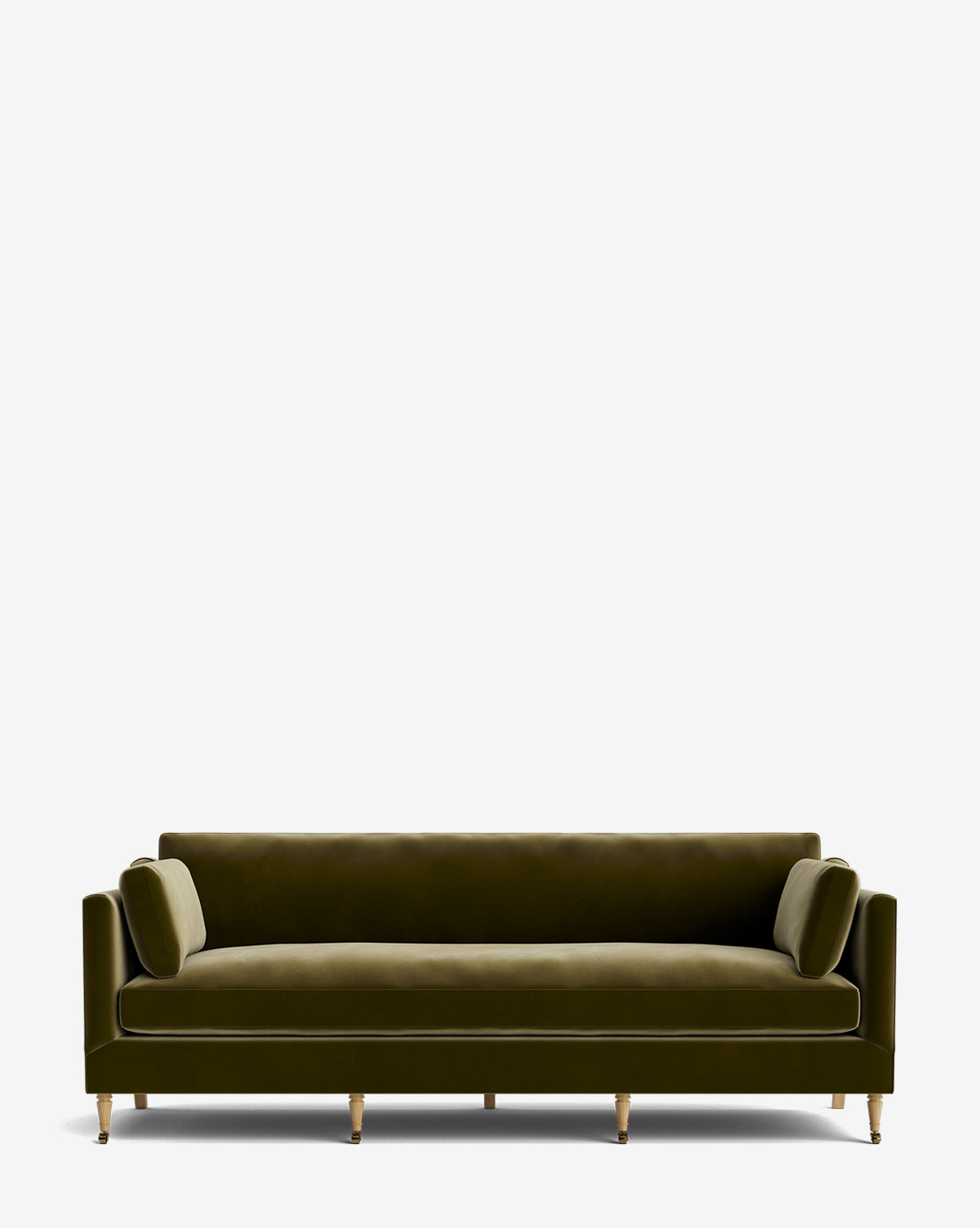 The Haverford Upholstered Sofa 90 in olive green velvet features three seat cushions, two bolster pillows, straight arms, and wooden legs with brass casters—customizable and shown against a plain white background by McGee & Co.