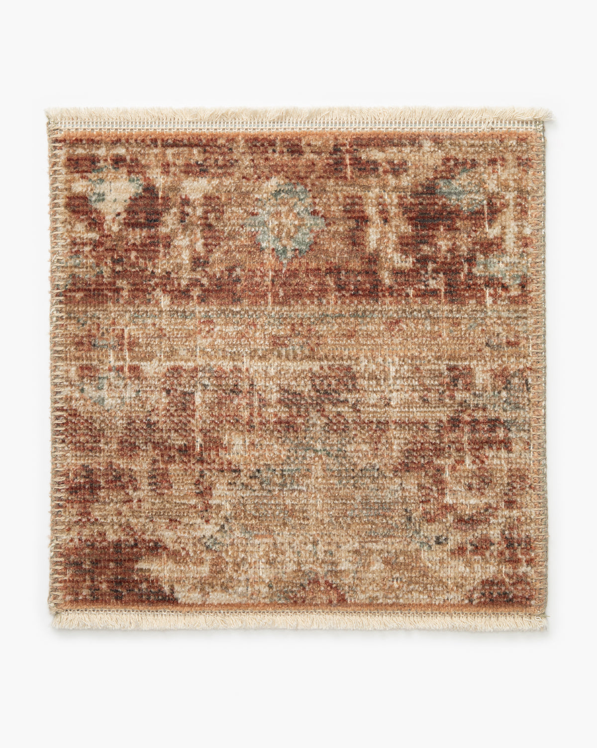 Heatherington Brick Rug Swatch: Square, vintage-style sample in warm earth tones with a faded floral and geometric motif, beige fringe on two sides, shown on a plain white background, by McGee & Co.