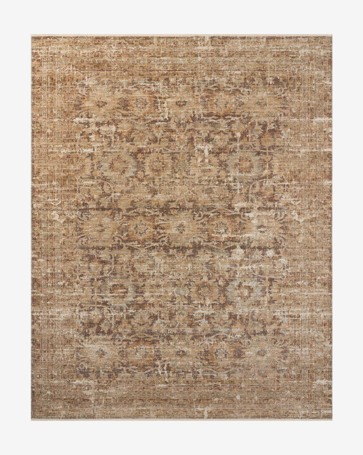The Heatherington Neutral Rug features a square shape with a distressed, vintage-style pattern in brown, tan, and beige tones, showcasing an intricate motif and subtle ornamental designs for a classic, weathered look, by McGee & Co.