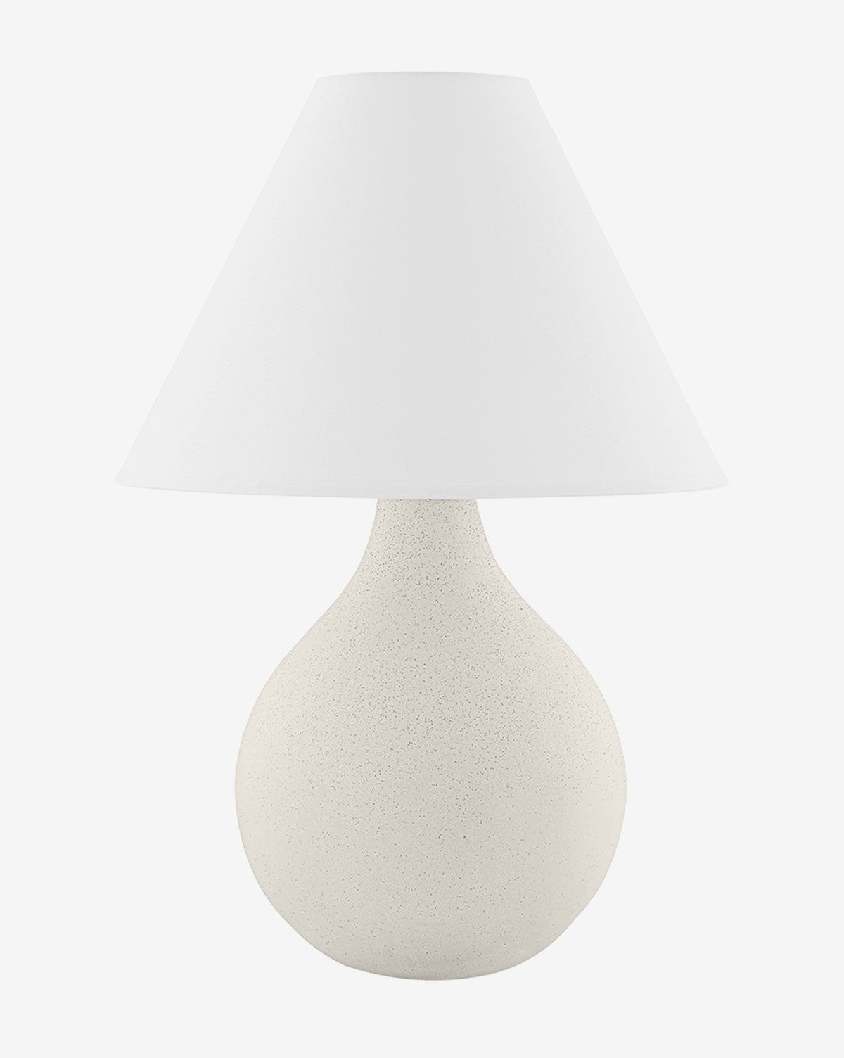 The Helena Table Lamp has a rounded, textured off-white ceramic base and a wide, smooth white linen shade, shown against a plain white background by McGee & Co.