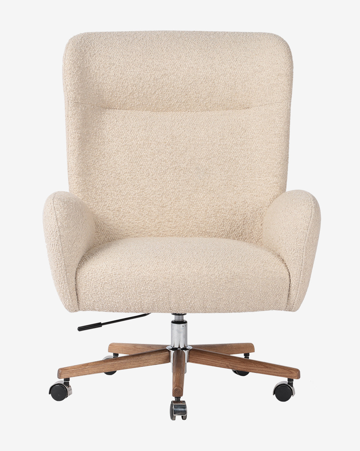 The Herbert Desk Chair features a modern design in cream performance fabric, with curved armrests, a high back, and a wooden swivel base with five caster wheels, by McGee & Co.