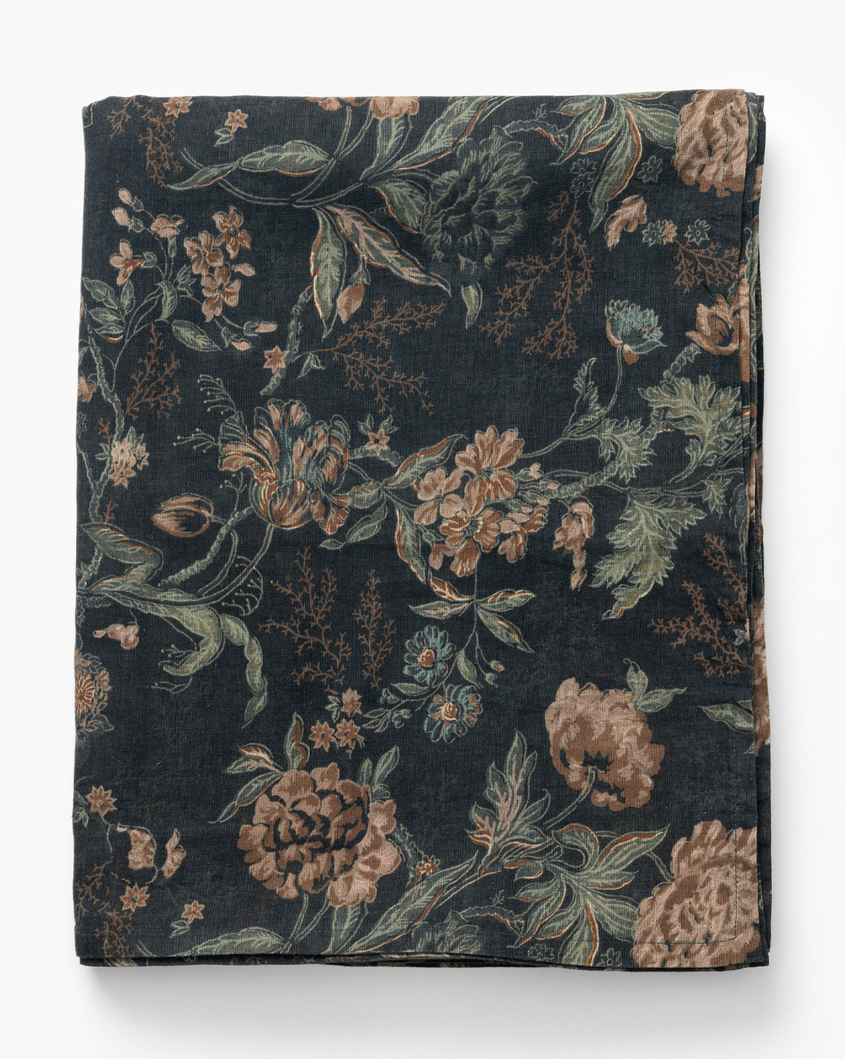 The Hestercombe Tablecloth features a painterly floral design in muted green, brown, and beige on a dark background—perfect for adding vintage-inspired style to your table, by McGee & Co.