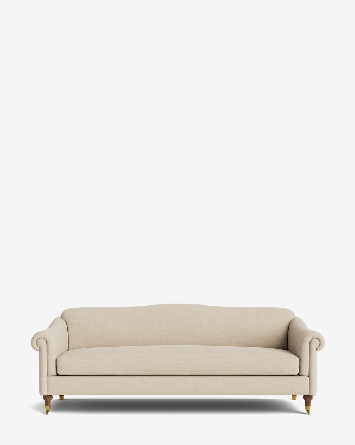 The Hildegard Sofa 90 is a beige upholstered, handcrafted piece featuring rolled arms, a curved backrest, and wooden legs with brass casters, displayed against a plain white background by McGee & Co.