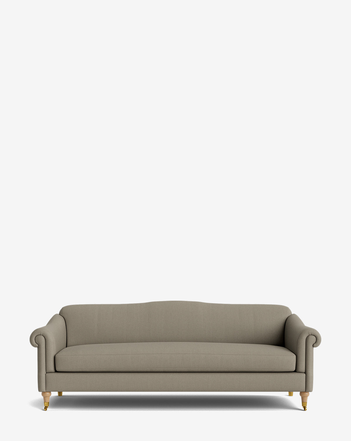 The Hildegard Sofa 90 is a gray upholstered, handcrafted sofa with rolled arms, wooden legs, and gold caster wheels, photographed against a plain white background by McGee & Co.