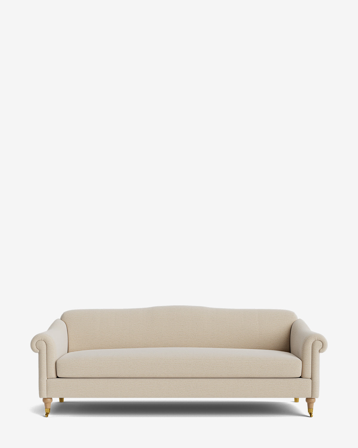 The Hildegard Sofa 90 is a beige upholstered, handcrafted sofa with rolled arms, wooden legs, simple lines, and a low backrest. Its classic and elegant design is shown against a plain white background, by McGee & Co.