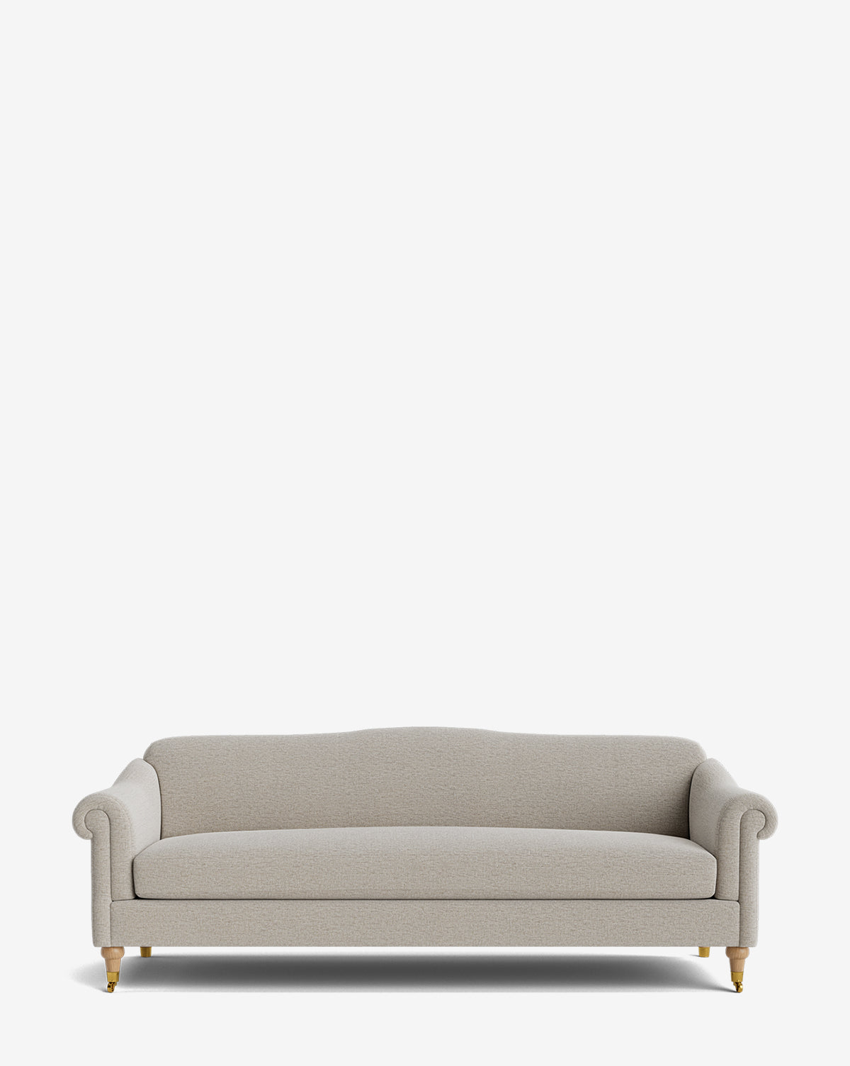The Hildegard Sofa 90 is a light gray upholstered, handcrafted piece featuring rolled arms, wooden legs, and a low curved backrest, displayed against a plain white background by McGee & Co.