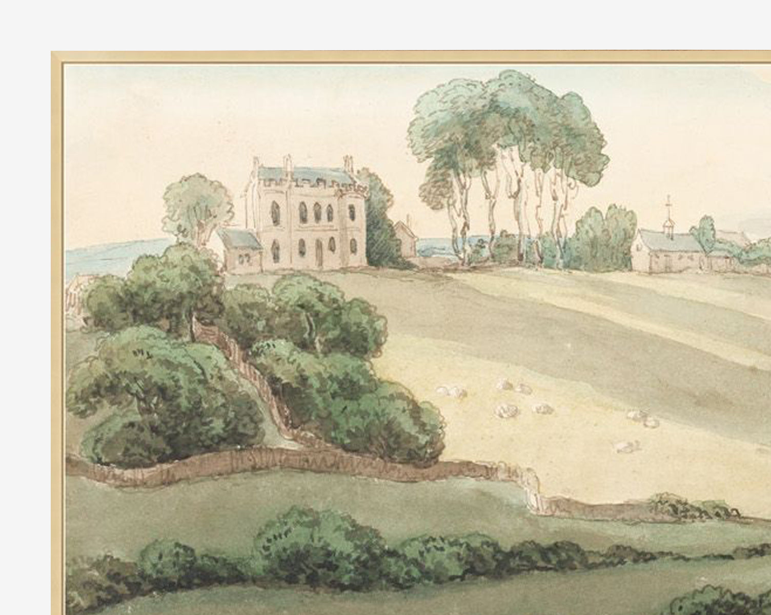 Hillside Cottage is a watercolor painting of a stone cottage amid trees, rolling hills, grazing sheep, and a winding path under a pale sky—ideal as landscape wall art in a classic wood frame by McGee & Co.