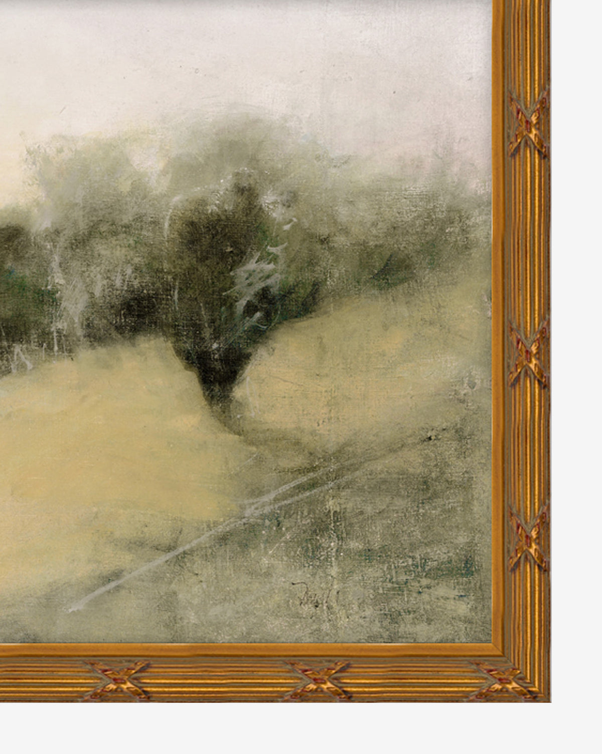 Hillside is a framed painting showcasing an abstract, misty landscape with blurred green trees and a grassy hill, set in an intricately carved gold wood frame.