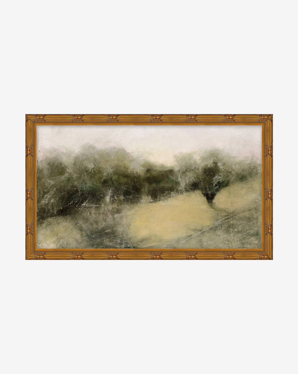Hillside is a framed giclee print featuring a soft, abstract landscape in muted green, beige, and white tones with blurred trees and fields under a hazy sky. Presented in a brown frame with subtle carved details.