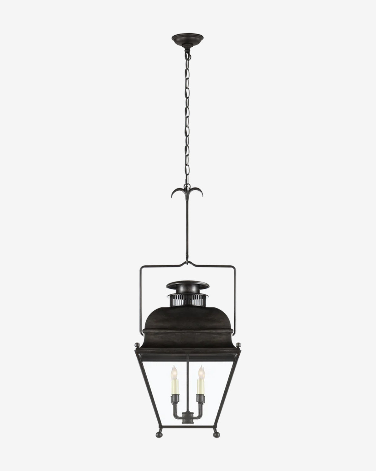The Holborn Lantern is a black metal pendant light with chain suspension, enclosed glass sides, and two candle-shaped bulbs—ideal for traditional lighting while enhancing contemporary decor against a plain white background by McGee & Co.
