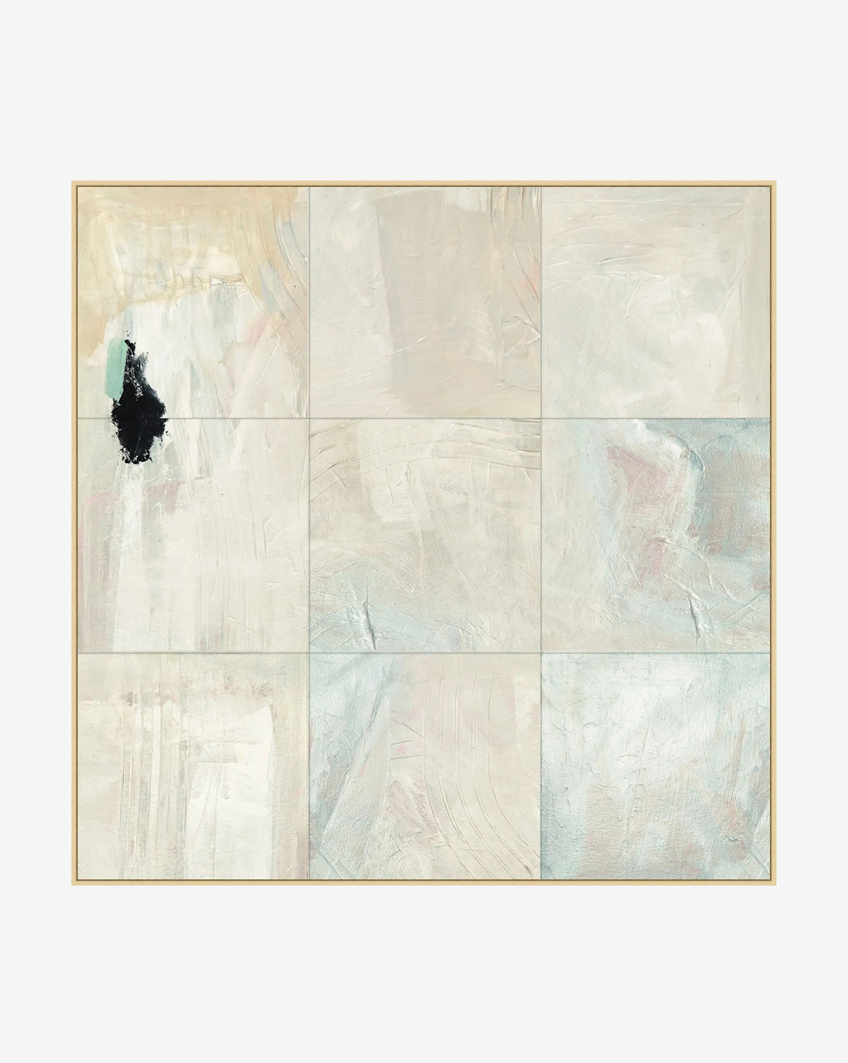 Hole in the Wall is abstract wall art on gallery wrapped canvas, featuring a grid of nine pale cream, white, and light blue textured squares with one bold black paint mark in the upper left quadrant, by McGee & Co.