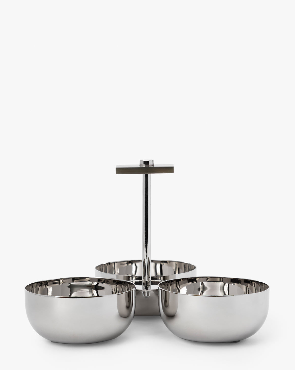 The Holland Condiment Set features three round bowls on a stainless steel tray with a horn-crafted handle, all in nickel polish, displayed against a white background by McGee & Co.