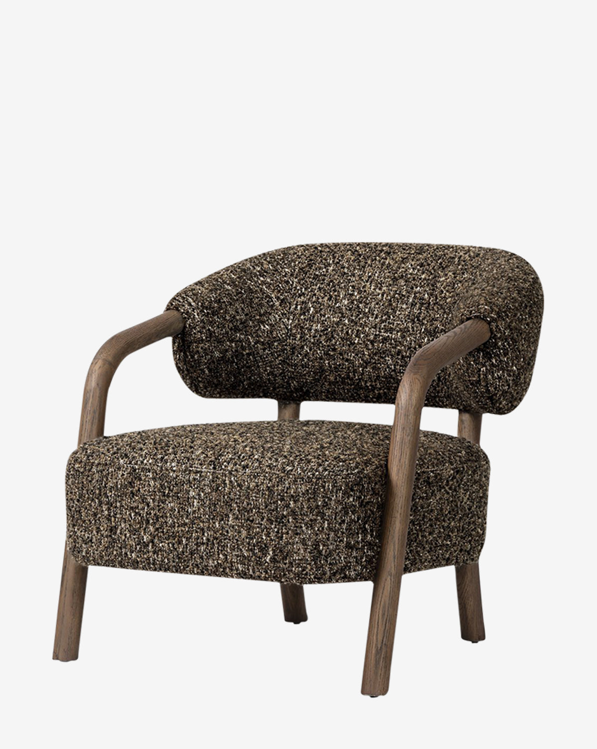 The Holstein Lounge Chair features a curved solid oak frame and textured brown upholstery. Its low, rounded backrest and seat blend comfort with modern design, making it a stylish accent piece for any space, by McGee & Co.