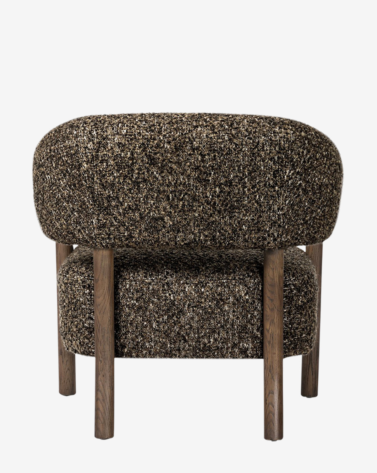 The Holstein Lounge Chair features a rounded, textured brown and black fabric backrest and seat, supported by four straight solid oak legs, shown from the back against a white background, by McGee & Co.