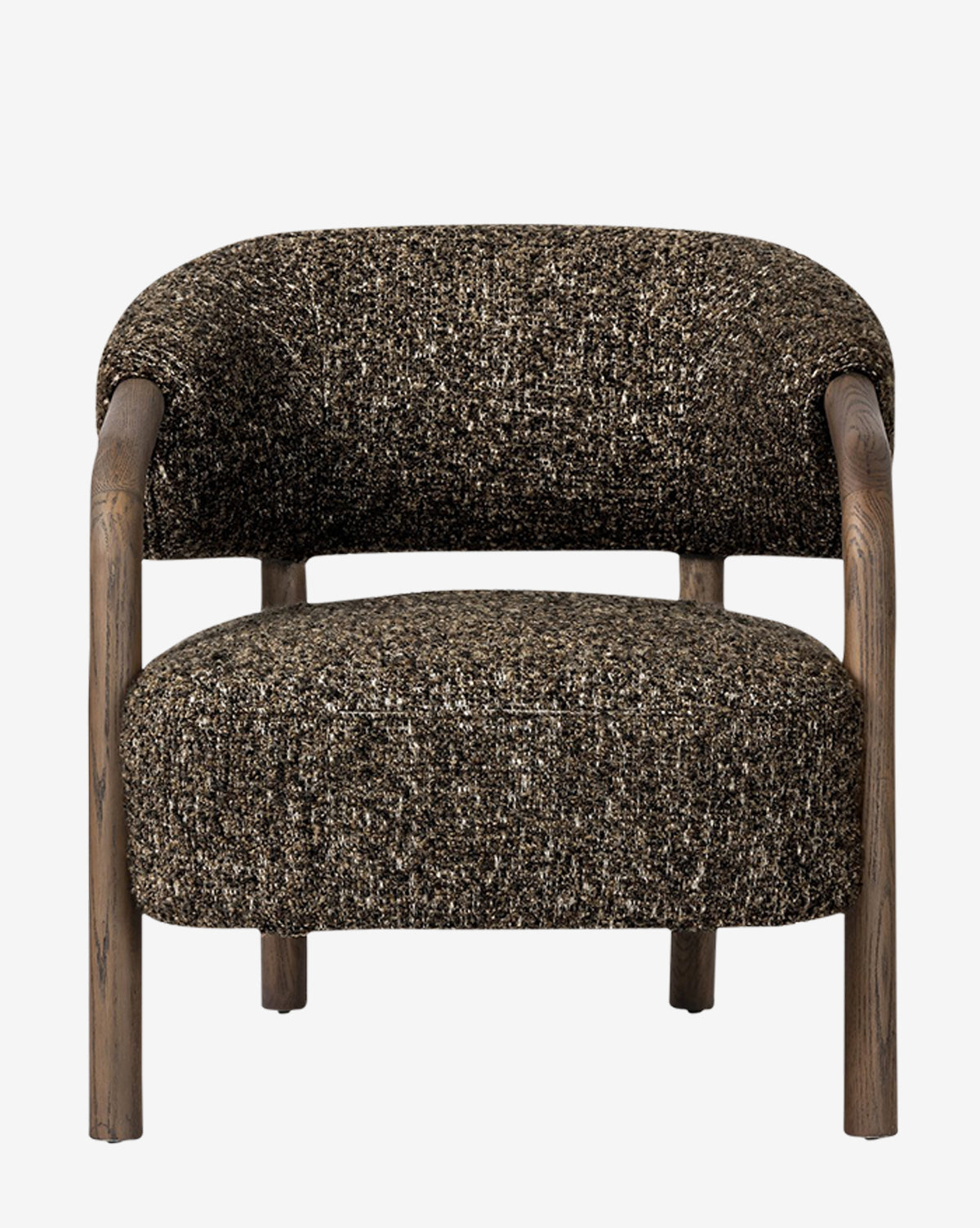 The Holstein Lounge Chair features a curved backrest and armrests, textured dark brown faux Mongolian shearling upholstery, and a solid oak frame for a minimalist, contemporary look, by McGee & Co.