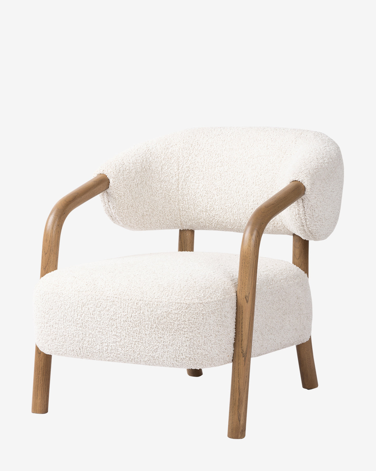 The Holstein Lounge Chair features light brown wooden legs and armrests, plus a curved backrest and seat upholstered in textured off-white faux Mongolian shearling for a modern look, by McGee & Co.
