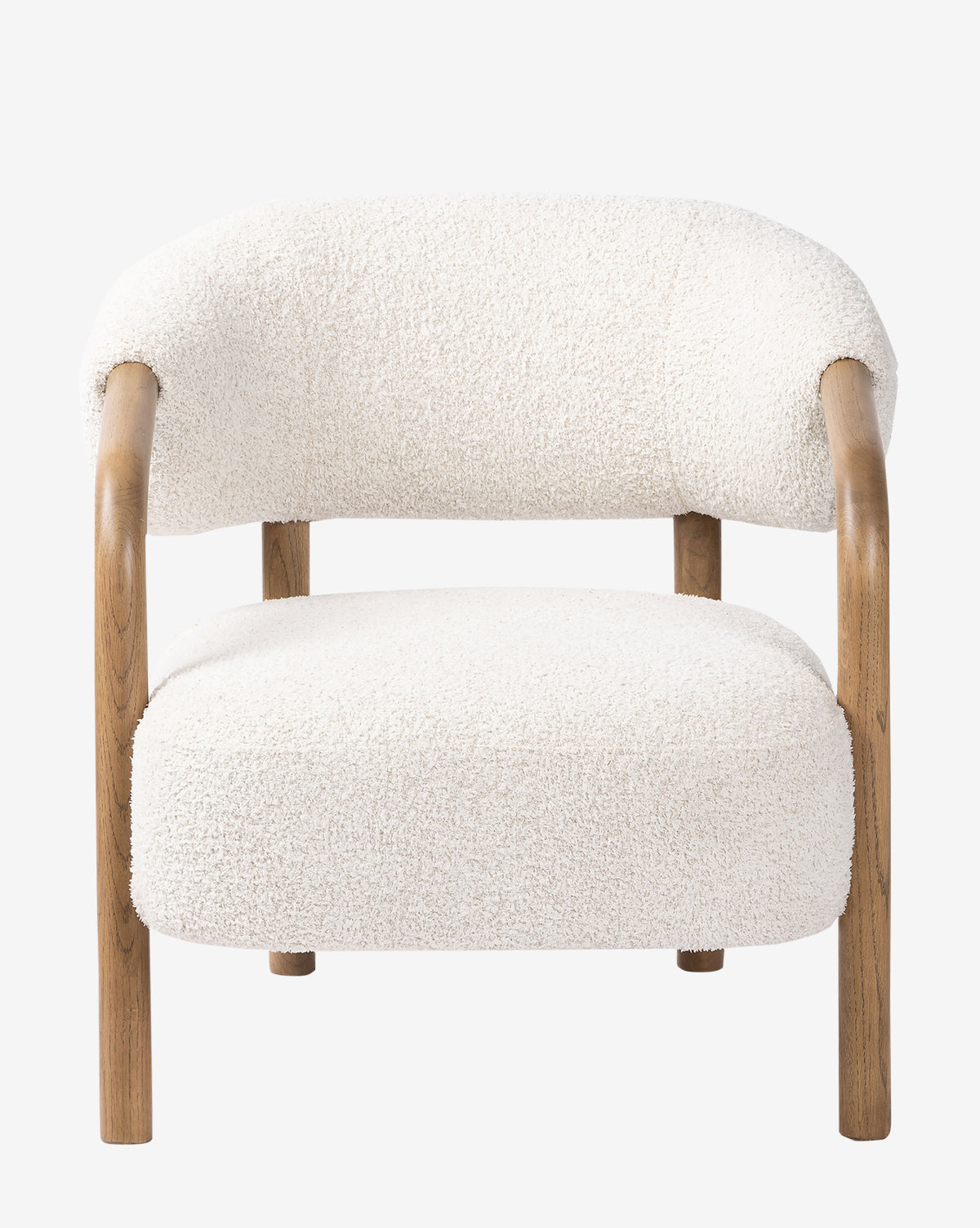 The Holstein Lounge Chair features a curved backrest, white faux Mongolian shearling upholstery, and wooden armrests and legs, by McGee & Co. Its minimalist, inviting design is showcased against a plain white background.