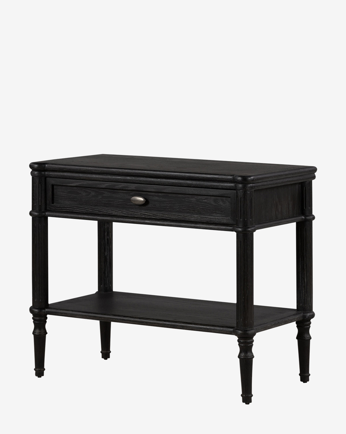 The Humphrey Nightstand is a dark wood table featuring a single drawer with a round pull, a lower shelf, and four tapered legs, by McGee & Co.