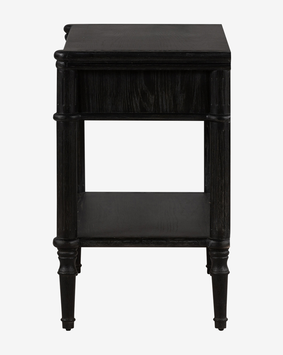 The Humphrey Nightstand is a black wooden side table with four slightly tapered legs, a lower shelf, and a smooth square tabletop, echoing traditional bedroom furniture design by McGee & Co.