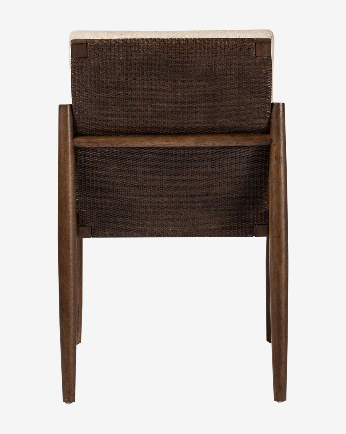 A rear view of the Hurley Dining Chair shows its woven dark brown backrest and light performance-upholstered seat, set against a plain white background, by McGee & Co.