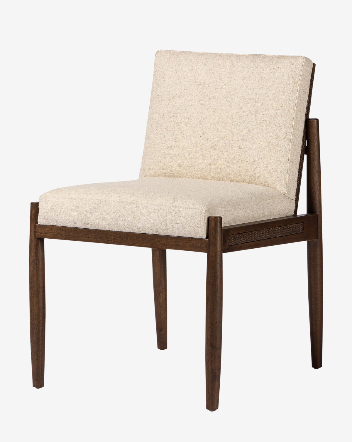 The Hurley Dining Chair has a cushioned seat and backrest in light beige performance upholstery, supported by a dark wood frame with four tapered legs, shown against a white background, by McGee & Co.
