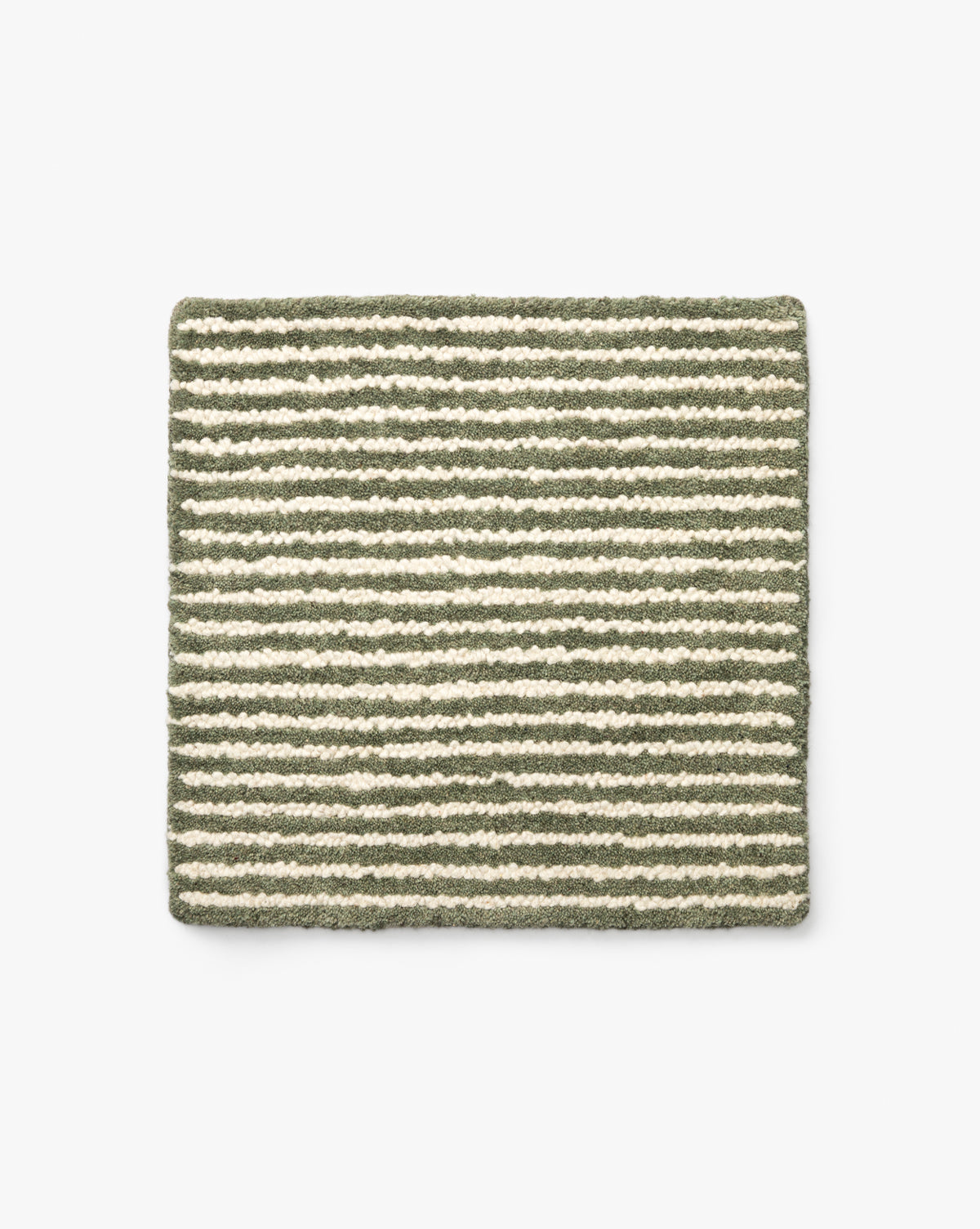 The Inara Olive Hand-Tufted Wool Rug Swatch is a square textile sample with horizontal olive green and off-white stripes and a richly textured, looped surface inspired by hand-tufted wool rugs, by McGee & Co.
