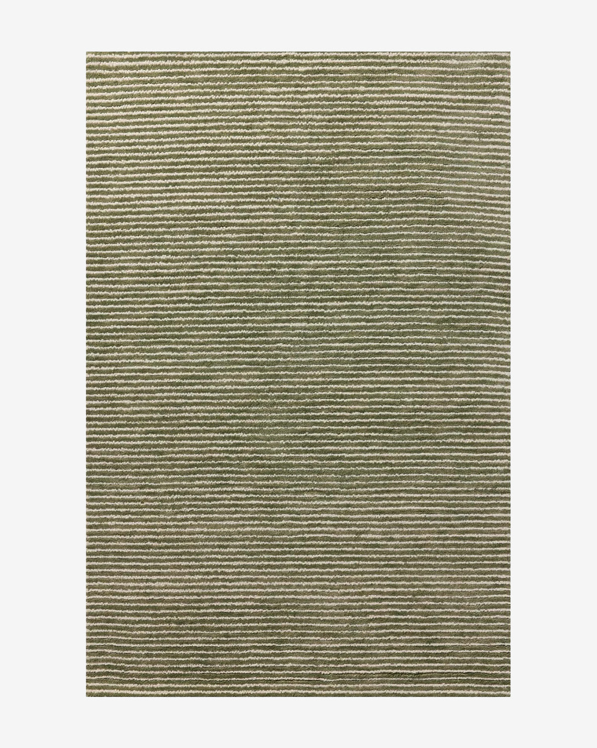The Inara Green Hand-Tufted Wool Rug features a simple, modern rectangular design with thin, evenly spaced white lines on a muted beige background by McGee & Co.