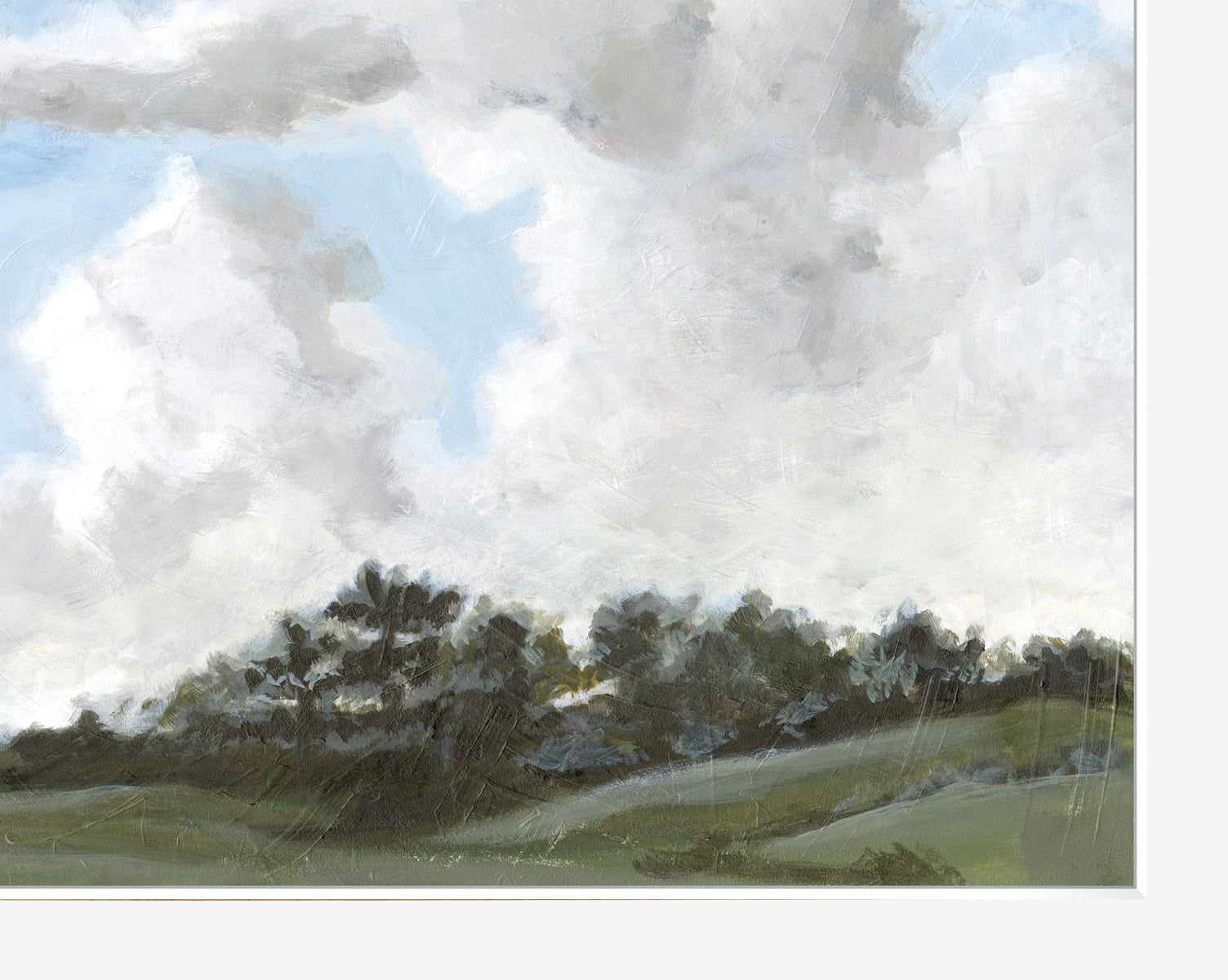 “Infinite Skies” captures a row of dark green trees on rolling hills beneath a luminous sky with large, fluffy clouds—an ideal framed wall art piece to enhance your home decor, by McGee & Co.