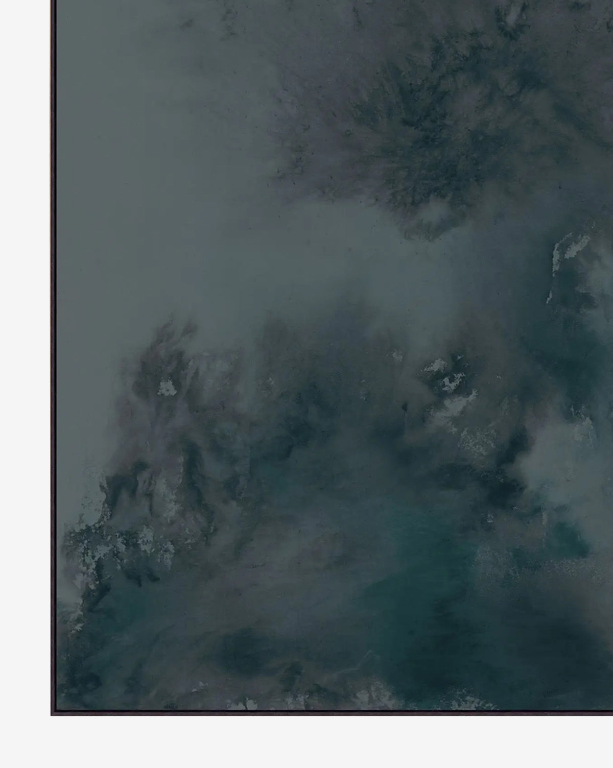 Ink Movement Blue features dark blue, green, and gray smoky swirls with soft edges and varied shades. This giclee on canvas evokes depth and movement—ideal for showcasing in a sleek floater frame by McGee & Co.