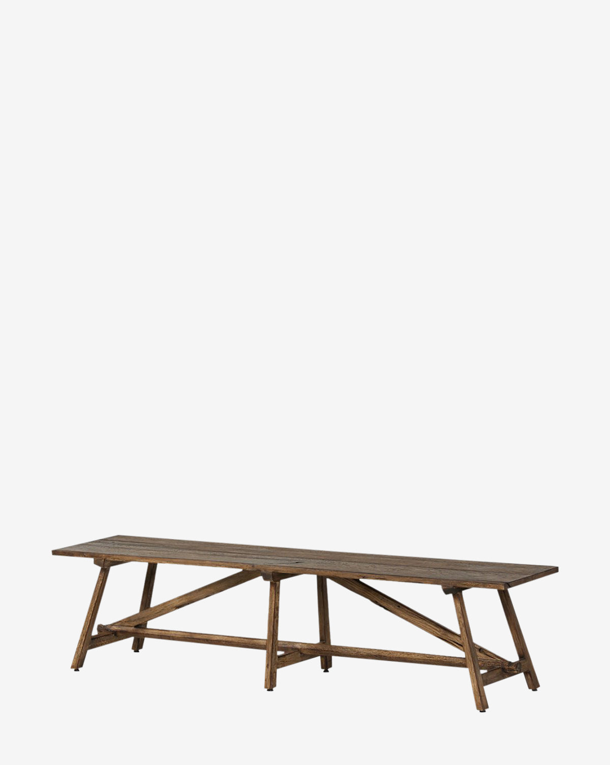 The Inka Bench features a flat top and angled legs with crossbars, beautifully crafted in burnt bleached oak to highlight artisanal details, presented on a plain white background by McGee & Co.