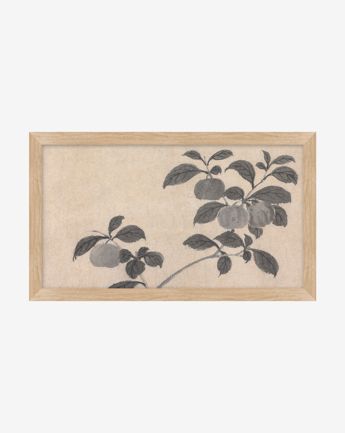 Inked Branches I is a framed artwork showcasing inked branches of a fruit tree with leaves and round fruits on a beige background, set in a natural wood frame.