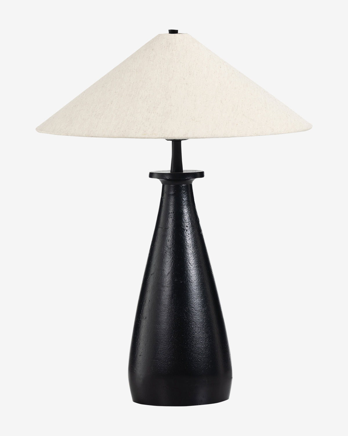 The Innes Tapered Table Lamp, featuring a black textured base and a wide off-white conical shade, sits stylishly beside a basket weave mirror against a plain white background by McGee & Co.