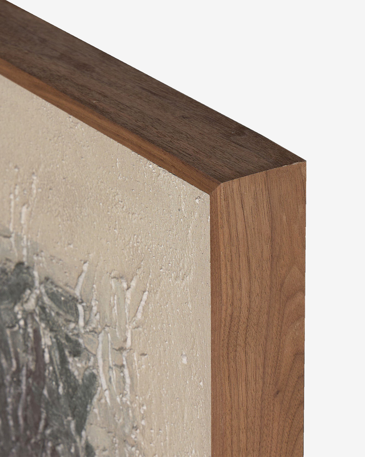 Close-up of the corner of a rustic walnut frame holding Into The New No. 2 by Tyler Guinn, highlighting the wood grain and the textured paint on the abstract canvas art, by McGee & Co. The background is plain white.